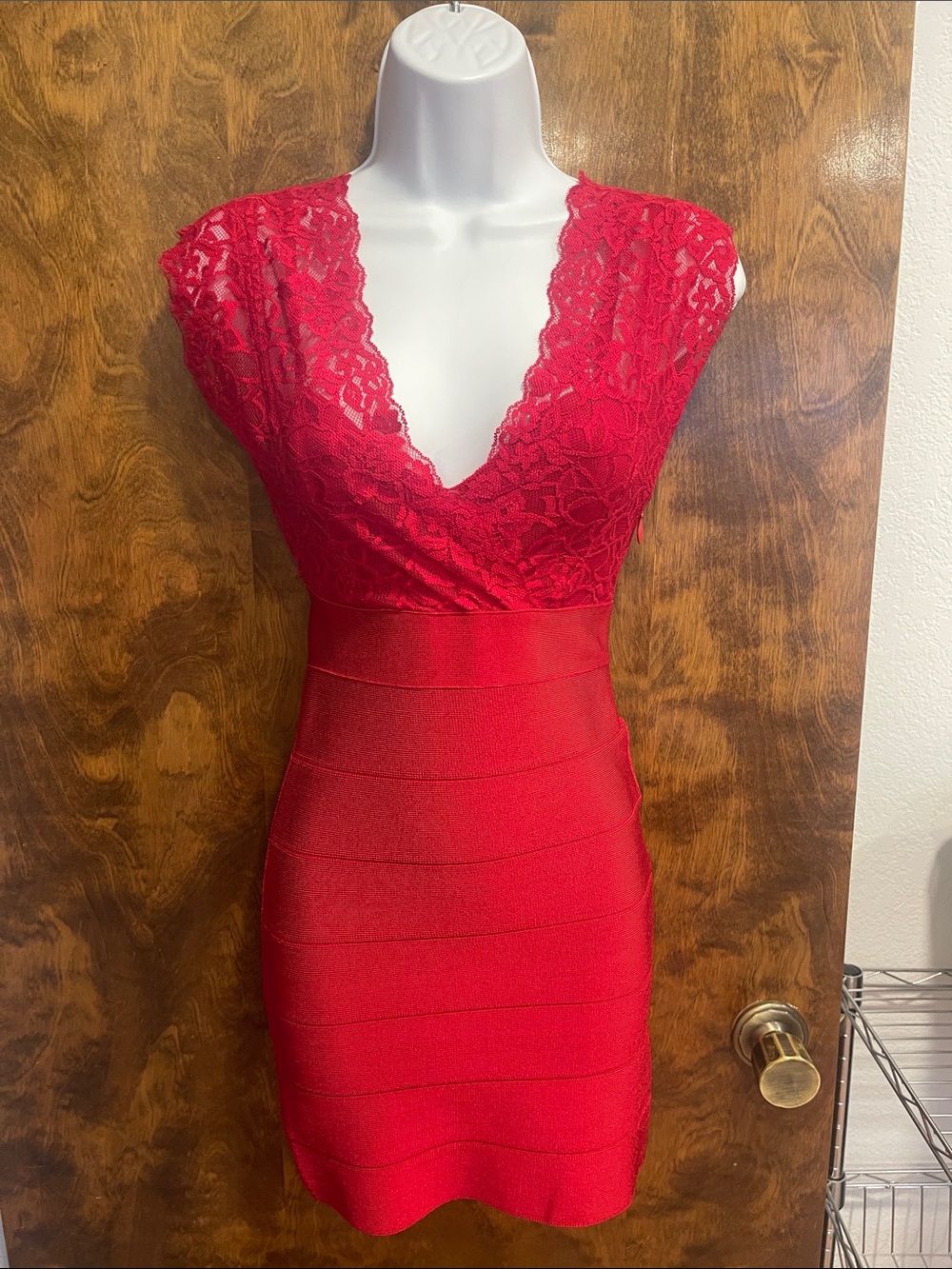 bebe Red Lace & Bandage Midi Dress